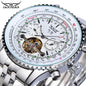 JARAGAR mechanical watch silver stainless steel chronograph with open heart white dial and metal bracelet