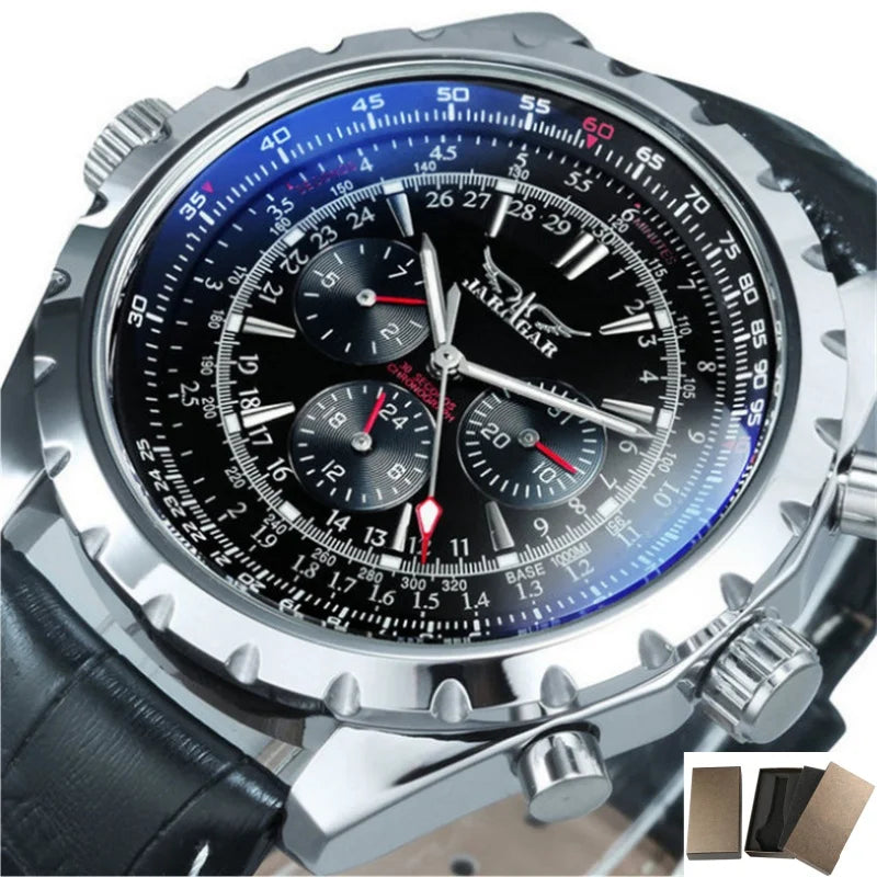 Alcom Distribution men's mechanical fashion watch with black dial and leather strap