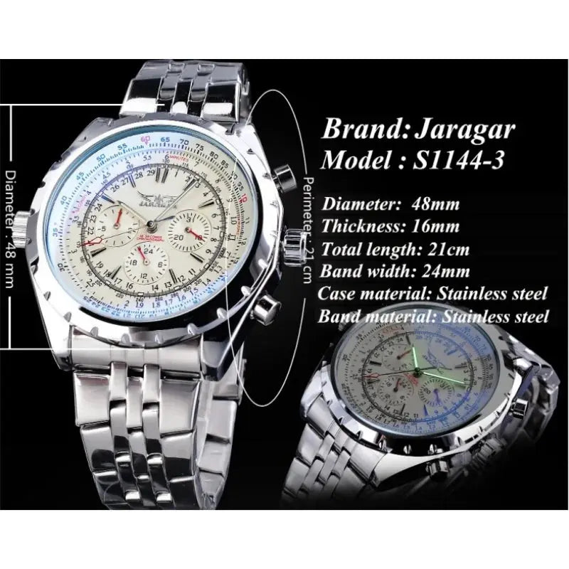 Men's mechanical fashion watch by Jaragar with stainless steel band and detailed dial design