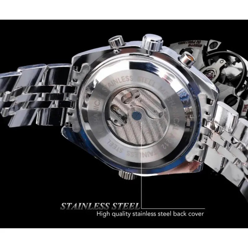 Men's mechanical fashion watch with stainless steel back cover and visible mechanical movement by Alcom Distribution