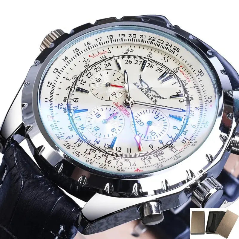 Alcom Distribution men's mechanical fashion watch with silver case and black leather strap