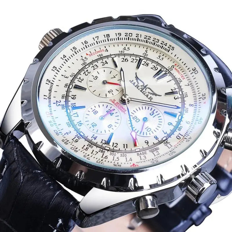 Alcom Distribution men's mechanical fashion watch with detailed white dial and black leather strap