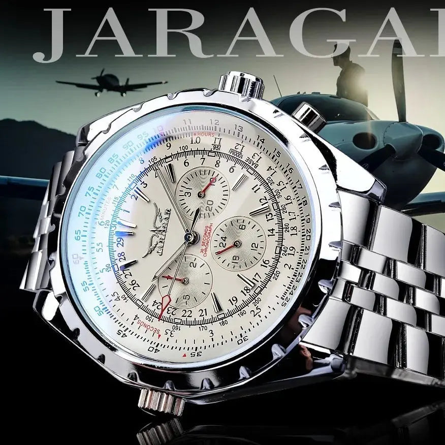 Men's mechanical fashion watch by Alcom Distribution with silver stainless steel band and detailed chronograph dial