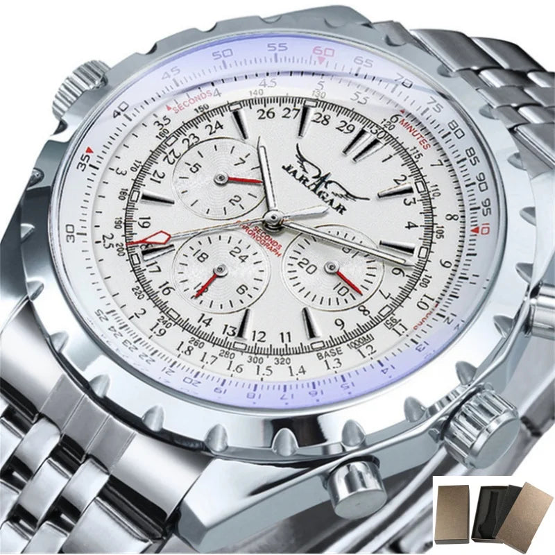 Men's mechanical fashion watch by Alcom Distribution with silver metal band and detailed white dial