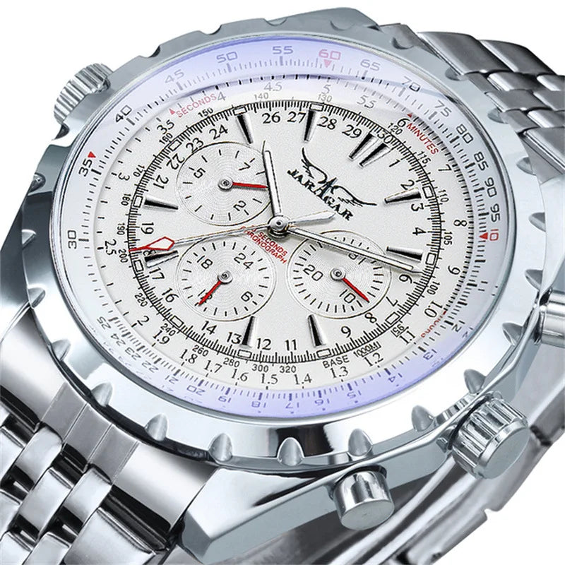 Alcom Distribution men's mechanical fashion watch with silver stainless steel band and white dial