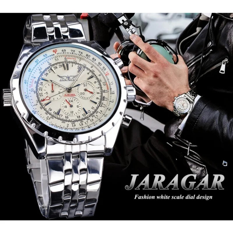 Men's mechanical fashion watch with silver metal band and white scale dial by Alcom Distribution