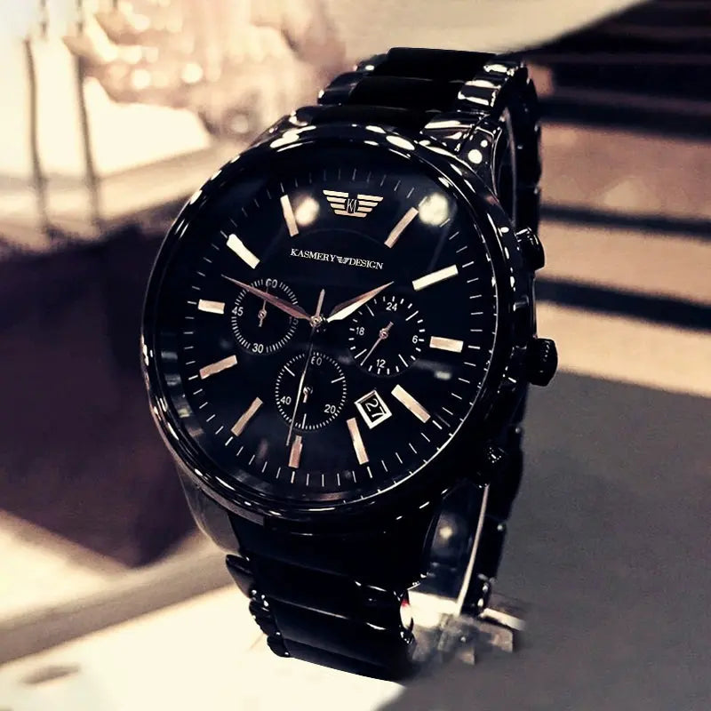 Alcom Distribution waterproof luxury watch for men with black dial and metal band