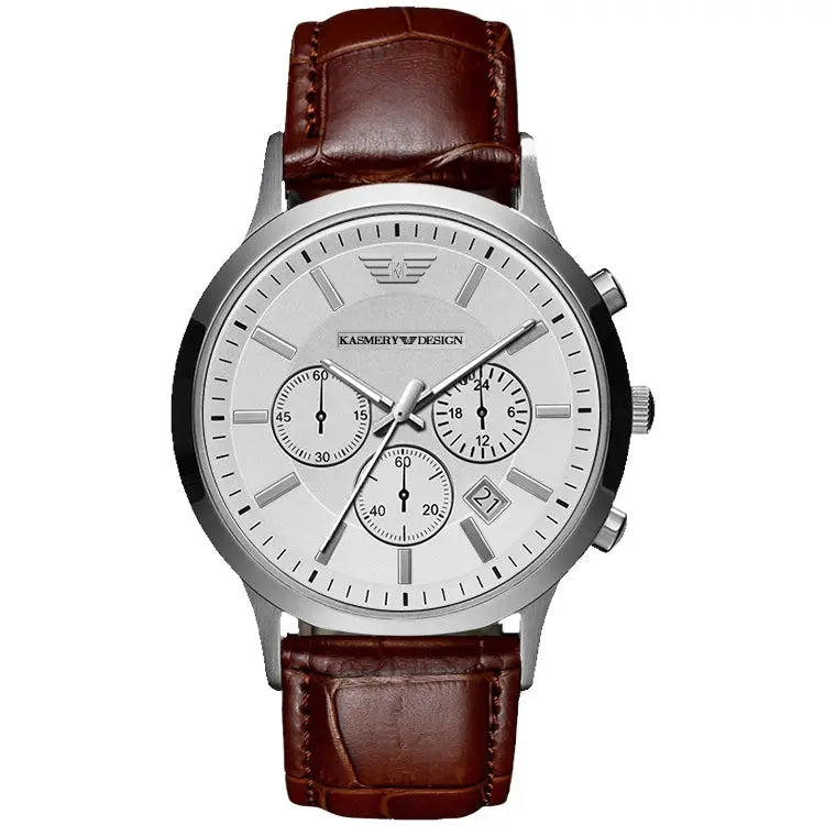Waterproof luxury watch for men with silver dial and brown leather strap from Alcom Distribution