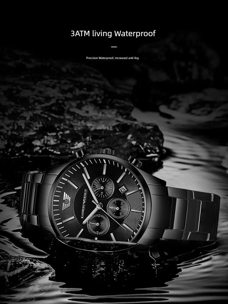 Waterproof luxury watch for men by Alcom Distribution in black with chronograph and metal bracelet