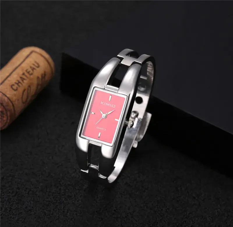 Alcom Distribution silver bangle watch with pink rectangular dial luxury women's bracelet watch in stainless steel