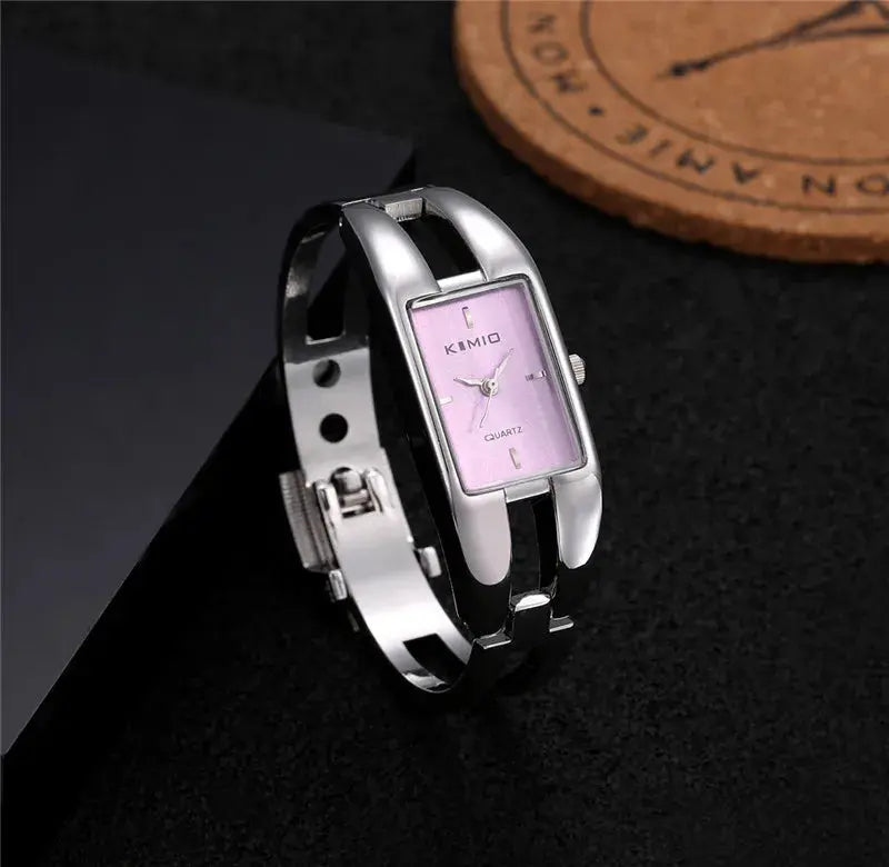 Alcom Distribution luxury women's bracelet watch silver bangle with rectangular pink dial elegant timepiece