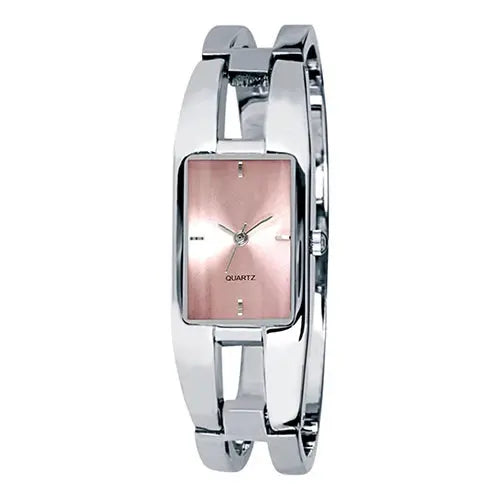Alcom Distribution silver bangle luxury women's bracelet watch with rectangular pink sunray dial and quartz movement
