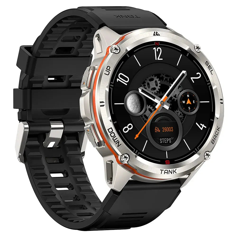 KOSPET Tank T3 Ultra smartwatch with black silicone strap and silver bezel showing step counter