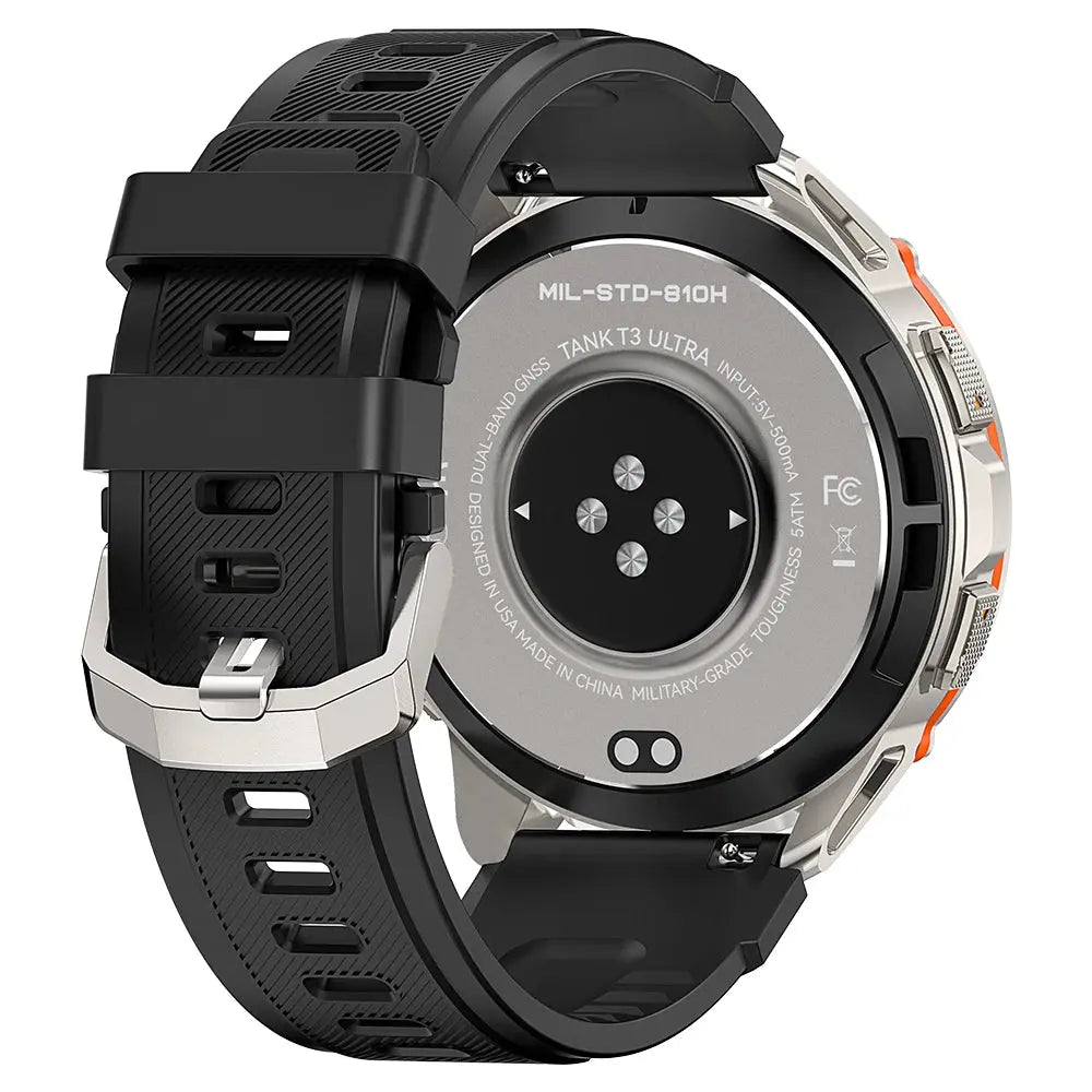 Back view of KOSPET Tank T3 Ultra smartwatch with black silicone strap and silver buckle by Alcom Distribution
