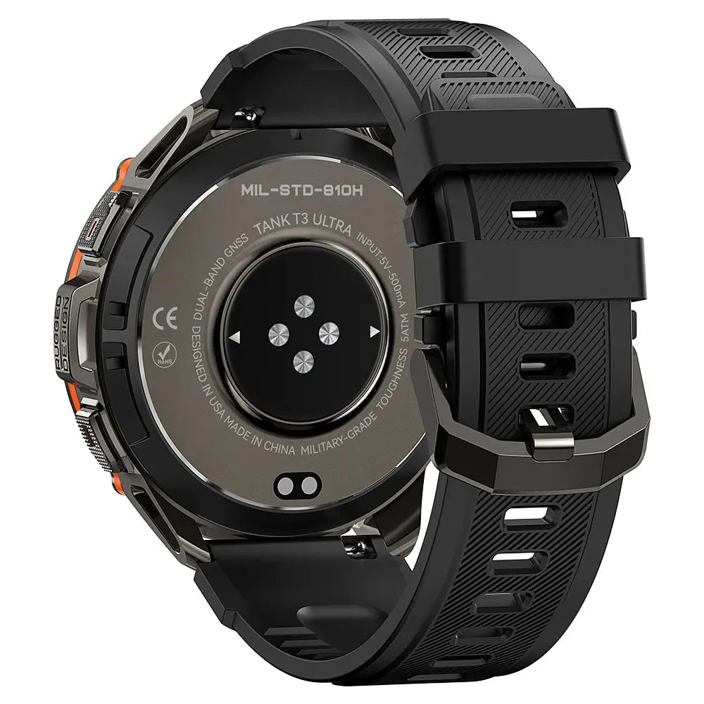 Back view of KOSPET Tank T3 Ultra smartwatch with black durable strap and heart rate sensor
