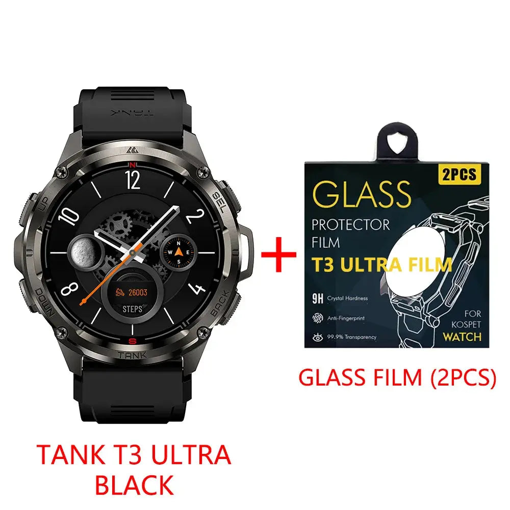 KOSPET Tank T3 Ultra smartwatch in black with glass screen protector film pack from Alcom Distribution