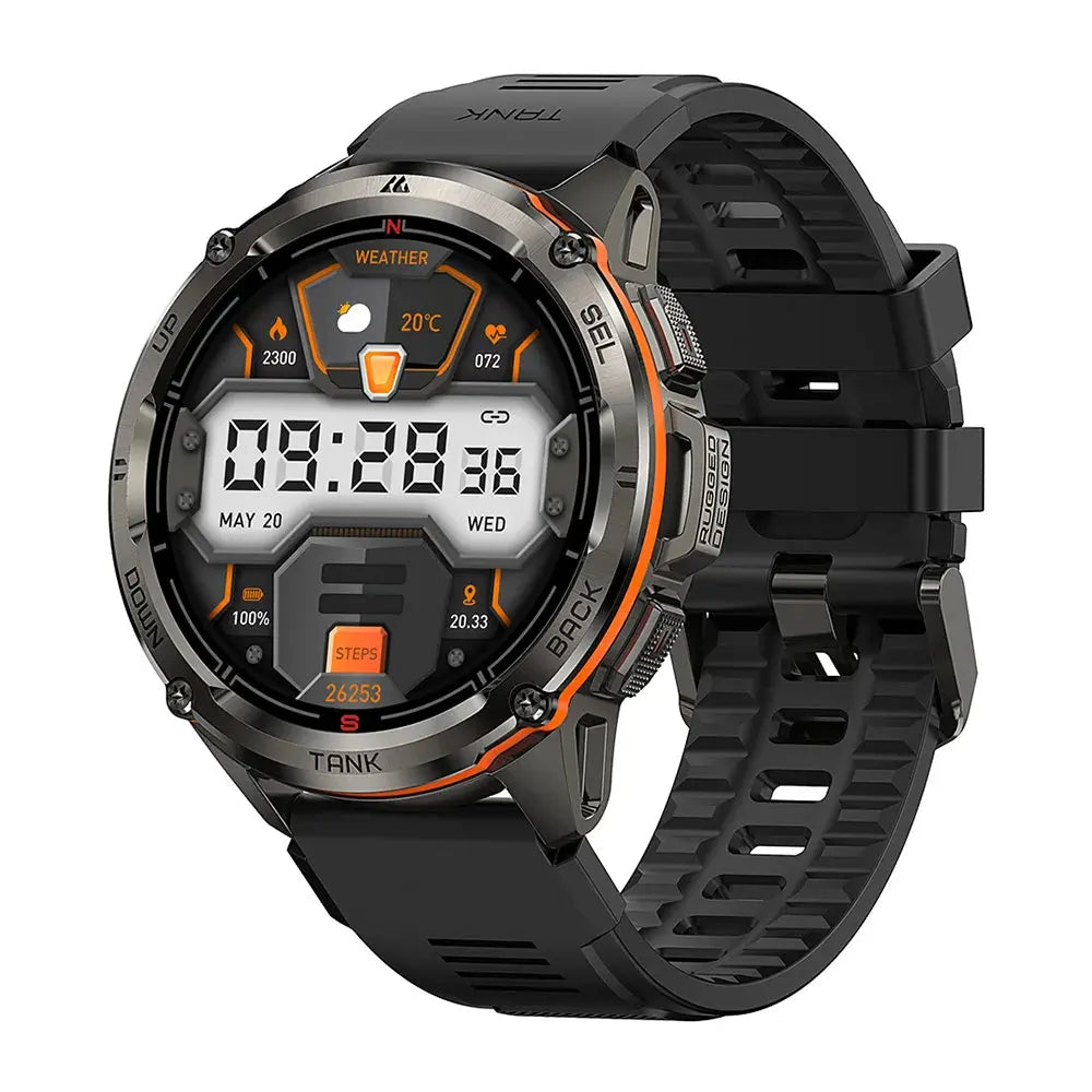 KOSPET Tank T3 Ultra smartwatch with black strap and digital display showing weather, steps, and time