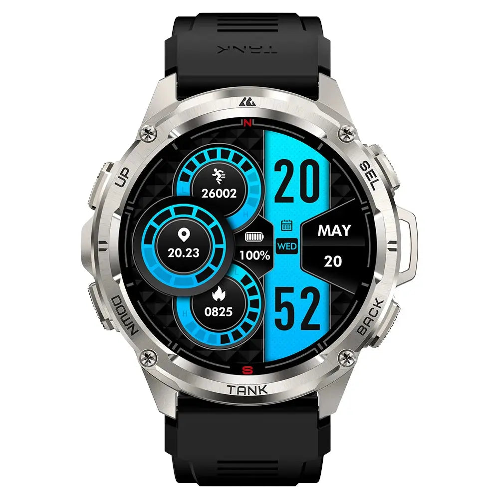 KOSPET Tank T3 Ultra smartwatch with black strap and silver bezel showing health and date metrics