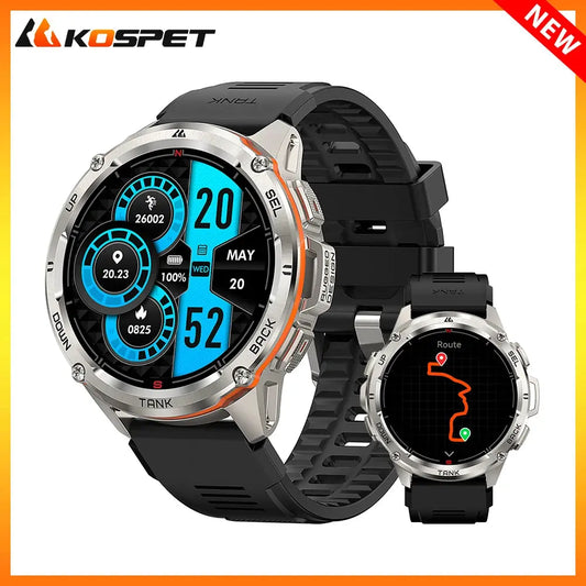 KOSPET Tank T3 Ultra smartwatch with silver case and black strap showing fitness and navigation screens