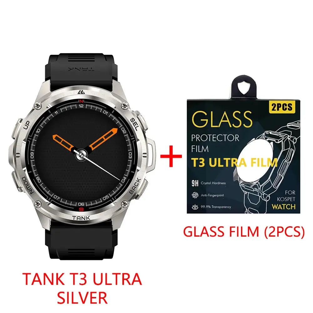 KOSPET Tank T3 Ultra smartwatch in silver with black strap and two-piece glass protector film set