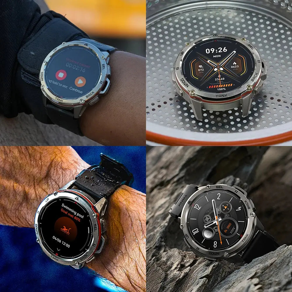 KOSPET Tank T3 Ultra smartwatch by Alcom Distribution showing various watch faces and fitness features on wrist and close-up
