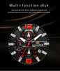 Black and red multifunction watch dial with 24-hour system and small seconds by Alcom Distribution eco-friendly wooden watch