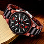 Eco-friendly wooden watch by Alcom Distribution with black and red chronograph dial and wooden link band