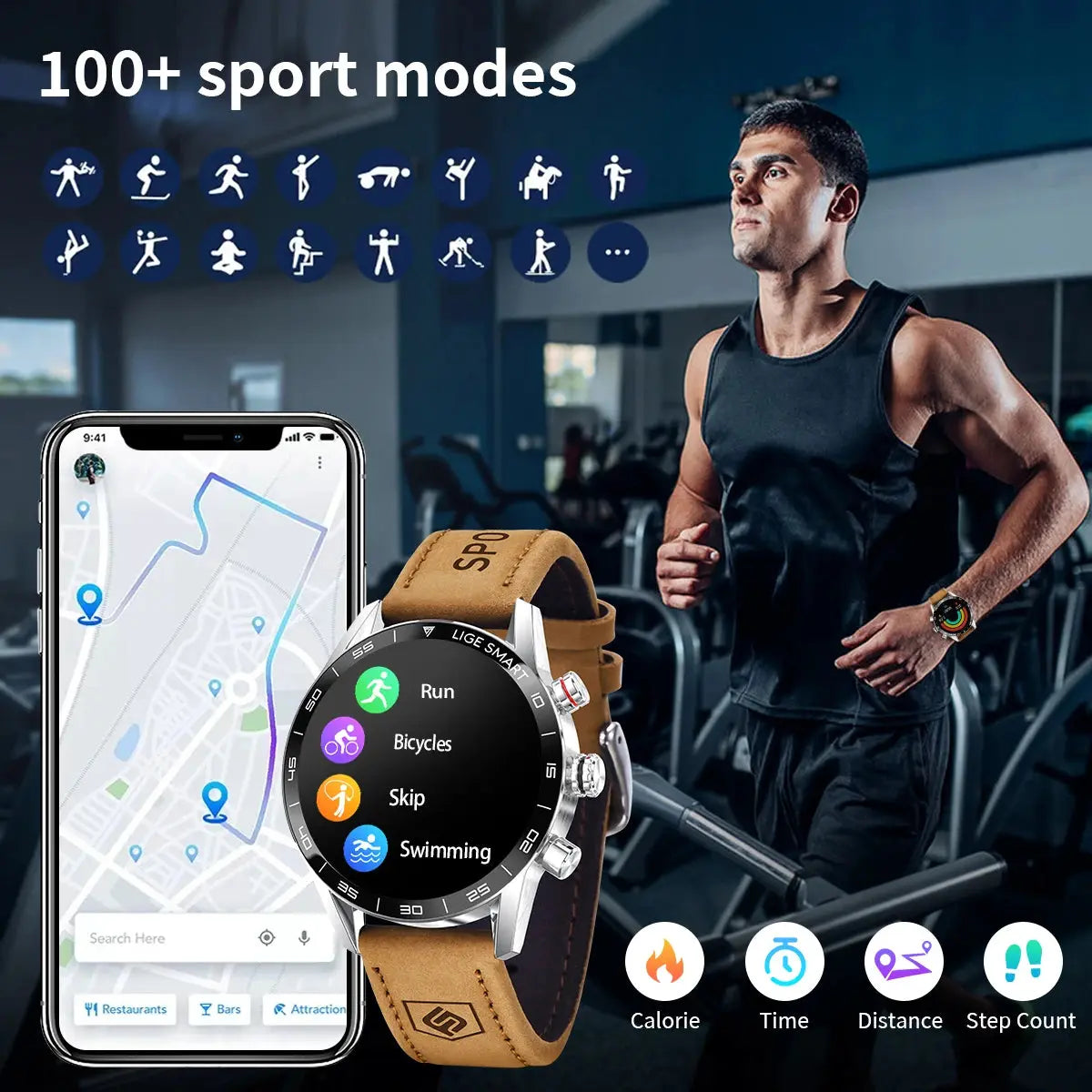2024 waterproof smartwatch rugged by Alcom Distribution showing sport modes with man exercising in gym