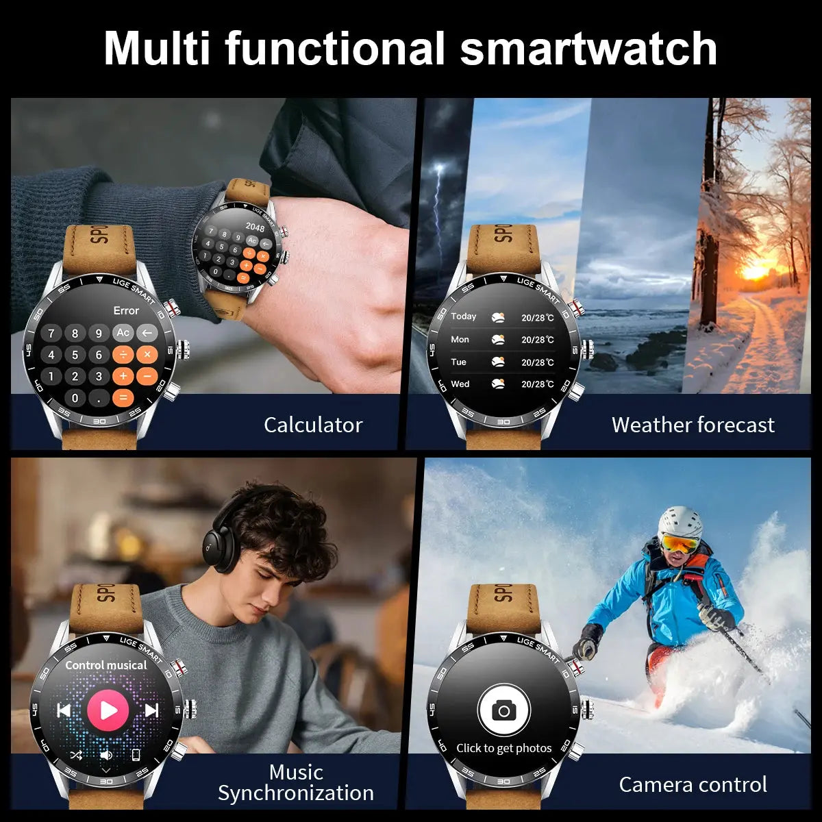 2024 waterproof smartwatch rugged by Alcom Distribution with calculator, weather, music, and camera control features