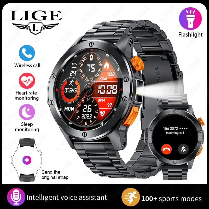 LIGE flashlight smartwatch for men with wireless call, heart rate monitoring, and 100+ sports modes