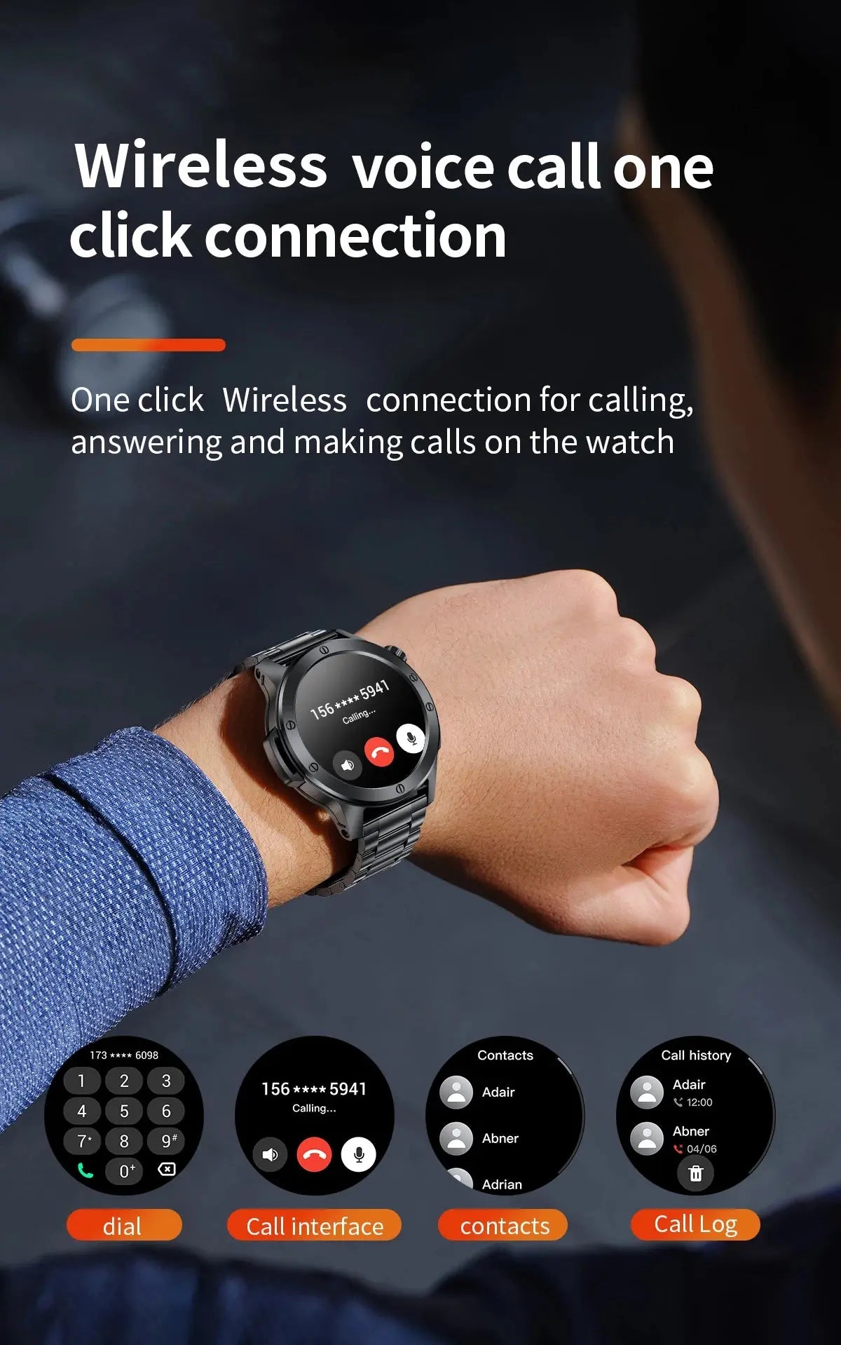 LIGE flashlight smartwatch for men showing wireless voice call feature and call interface on display