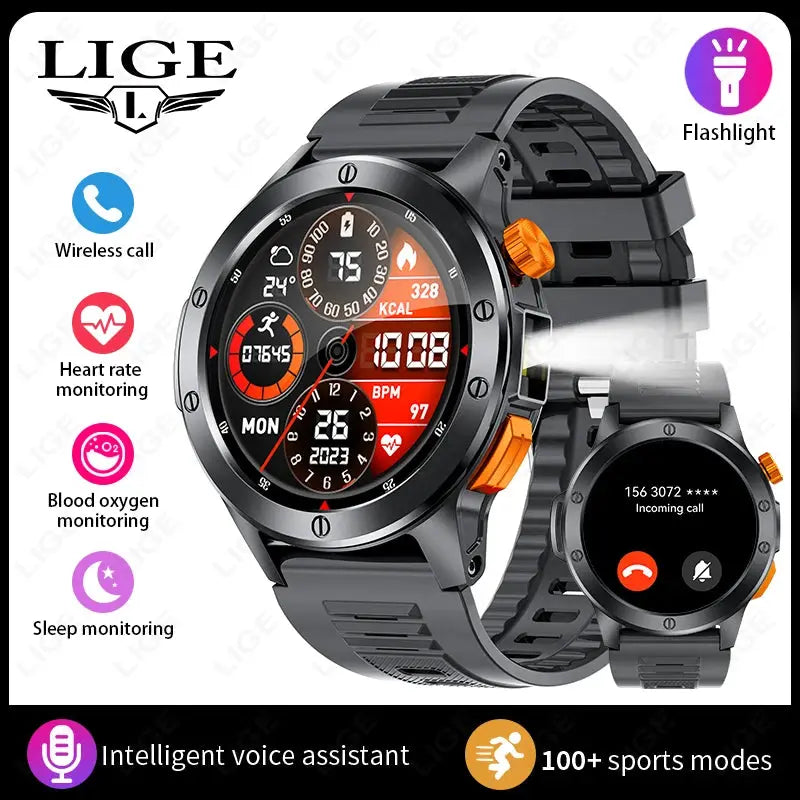 LIGE flashlight smartwatch for men featuring heart rate monitor, sports modes, and wireless call functionality