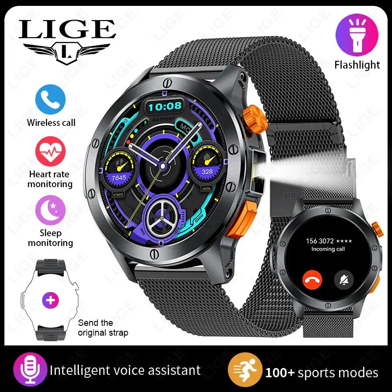 LIGE flashlight smartwatch for men with sports modes, heart rate monitoring, and wireless call features