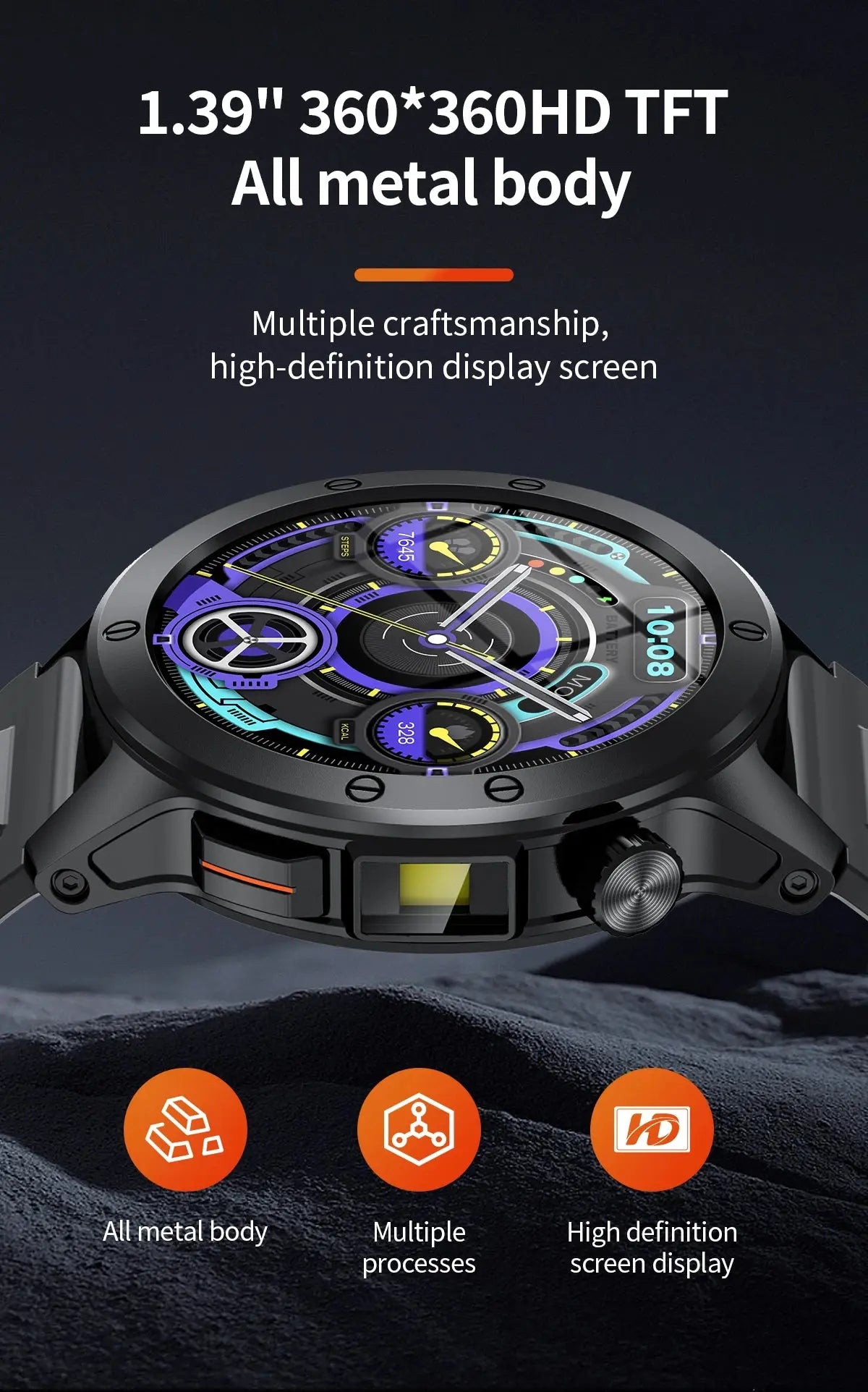 LIGE flashlight smartwatch for men with 1.39 inch HD display and all metal body construction
