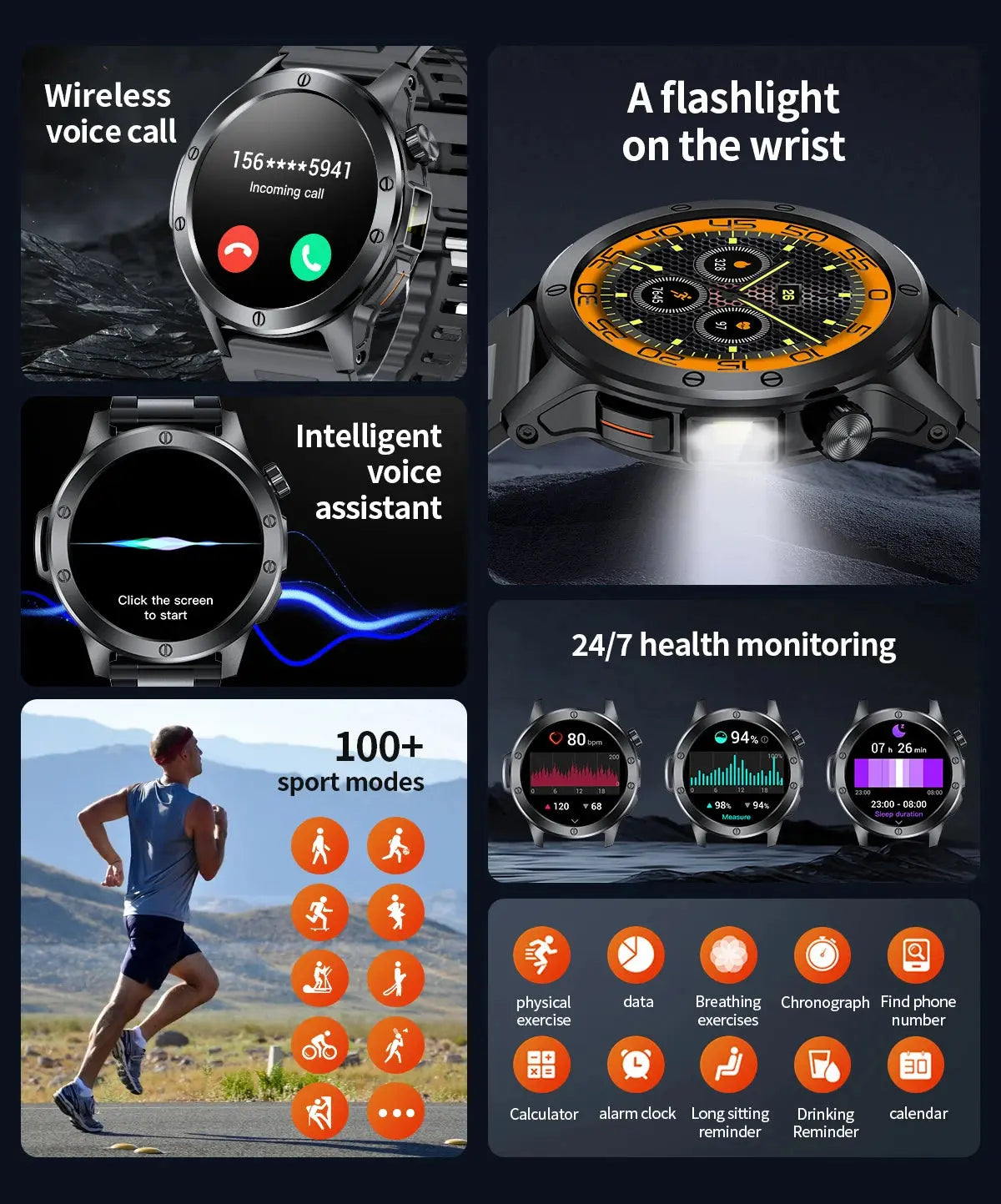 LIGE flashlight smartwatch for men featuring voice call, health monitoring, and 100+ sport modes