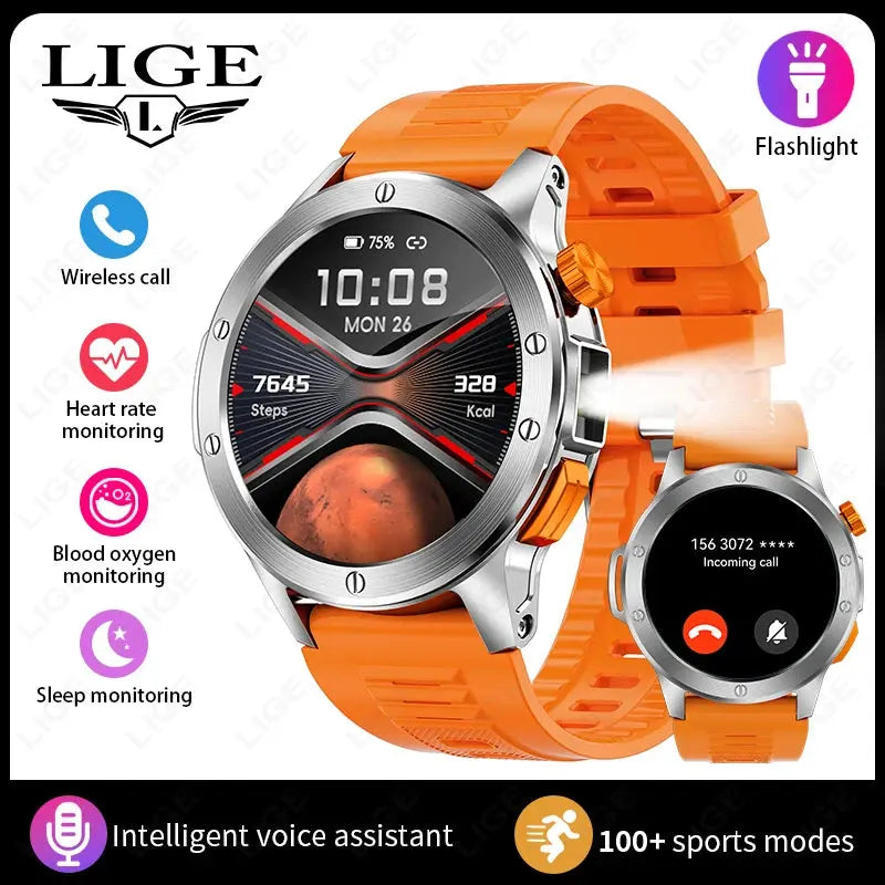 LIGE flashlight smartwatch for men with wireless call, heart rate, and blood oxygen monitoring features