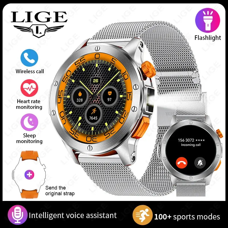 LIGE flashlight smartwatch for men with wireless call, heart rate monitoring, and sleep tracking features