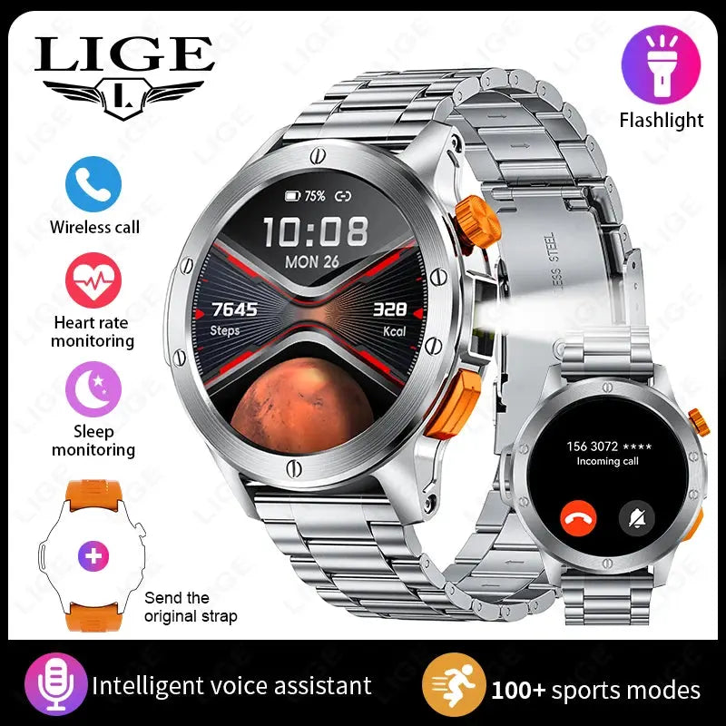 LIGE flashlight smartwatch for men with fitness tracking, wireless call, and stylish metal design