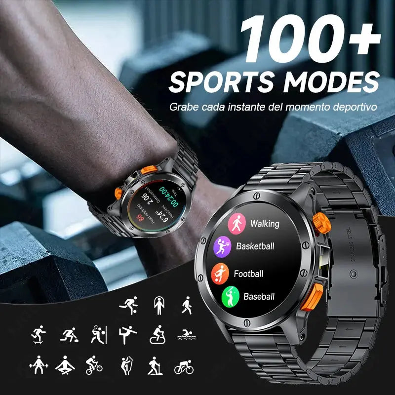 LIGE flashlight smartwatch for men featuring 100+ sports modes and a sleek design for fitness enthusiasts