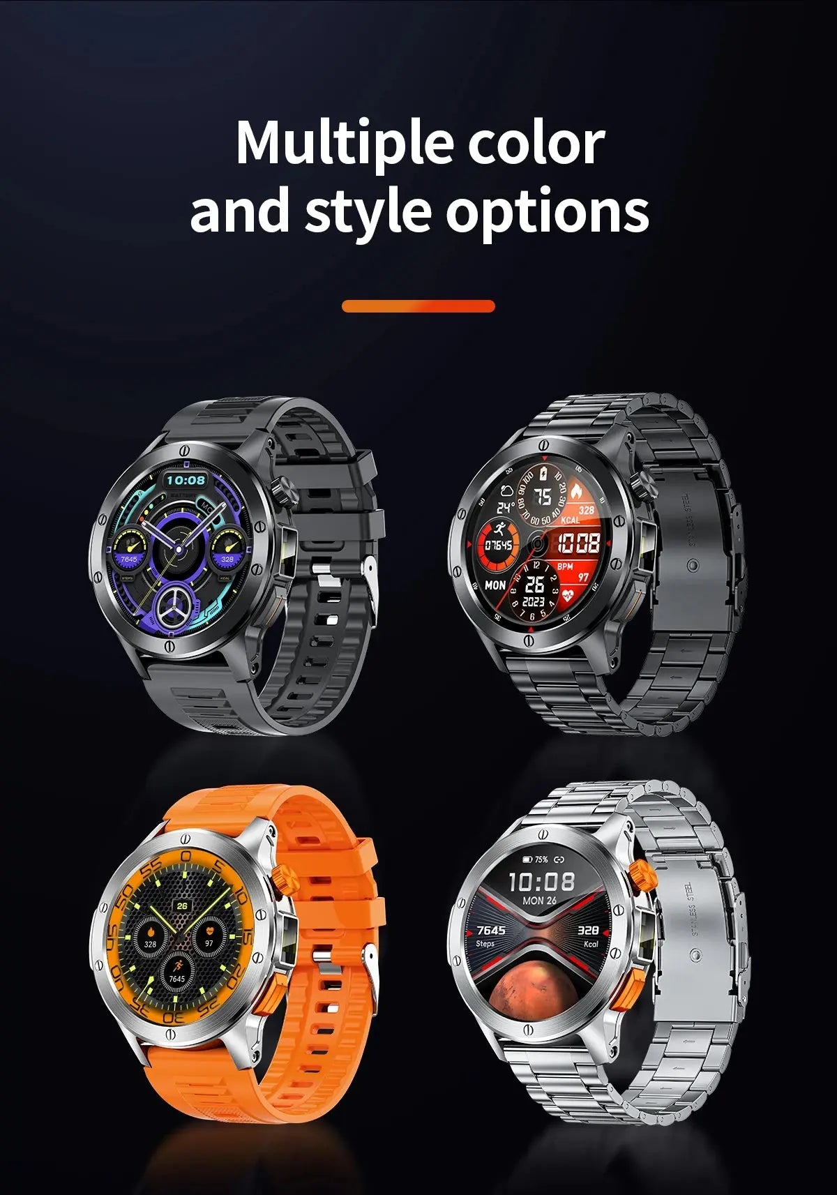LIGE flashlight smartwatch for men in multiple color and style options displayed together