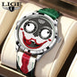 LIGE Joker Watch for Men with playful face dial and green red leather strap by Alcom Distribution