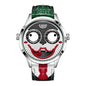 LIGE Joker Watch for Men with playful face design and green red leather strap by Alcom Distribution