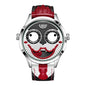 LIGE Joker Watch for Men with a unique clown face dial and red black leather strap by Alcom Distribution