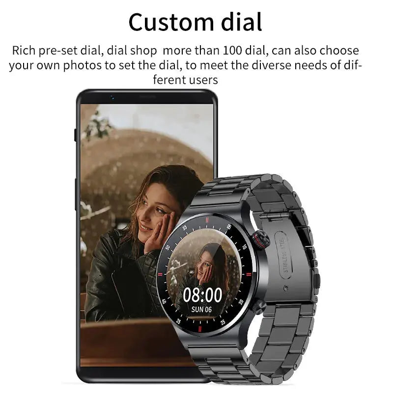 LIGE smart business watch with custom dial displaying a personalized photo on a black metal band