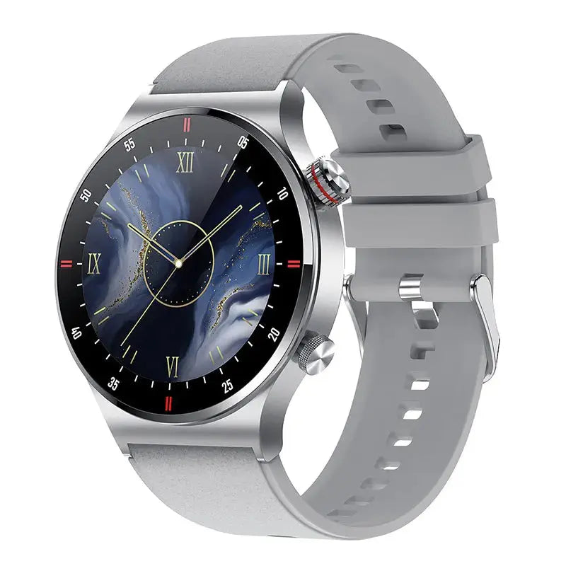 LIGE smart business watch with silver case and gray strap showing classic dial design