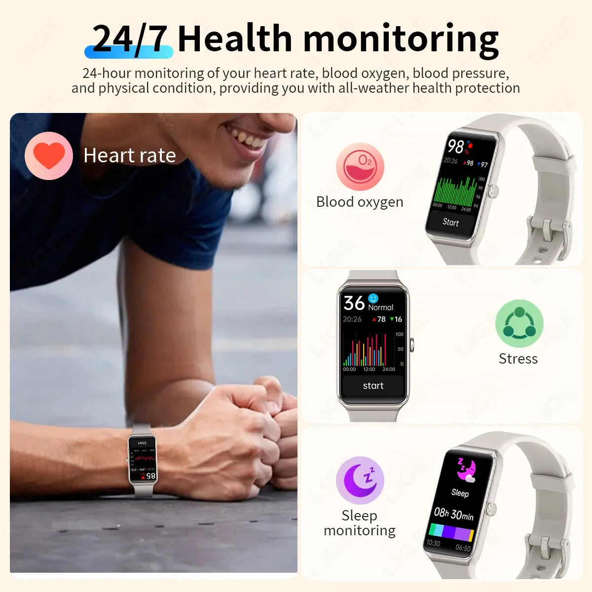 LIGE Smartwatch 2025 fitness tracker showing heart rate, blood oxygen, stress, and sleep monitoring features