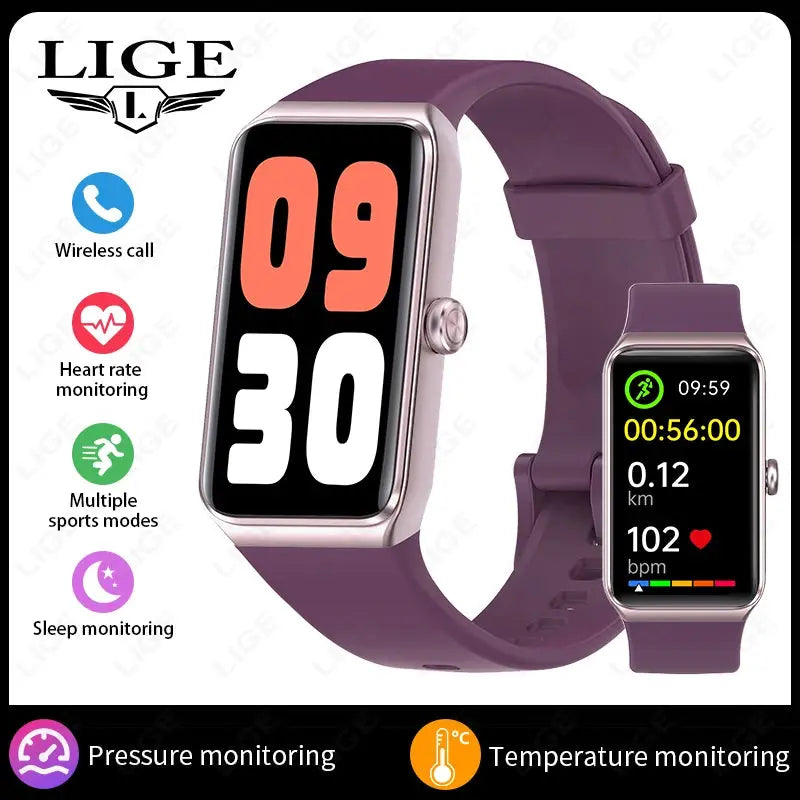 LIGE Smartwatch 2025 fitness tracker with heart rate, sleep, pressure, and temperature monitoring in purple