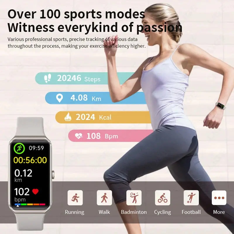 LIGE Smartwatch 2025 fitness tracker showing steps, distance, calories, and heart rate on a female runner