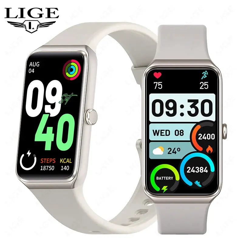LIGE Smartwatch 2025 fitness tracker with white band showing activity and health stats