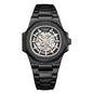 LONGLUX Skeleton Automatic Watch with black metal band and exposed mechanical movement